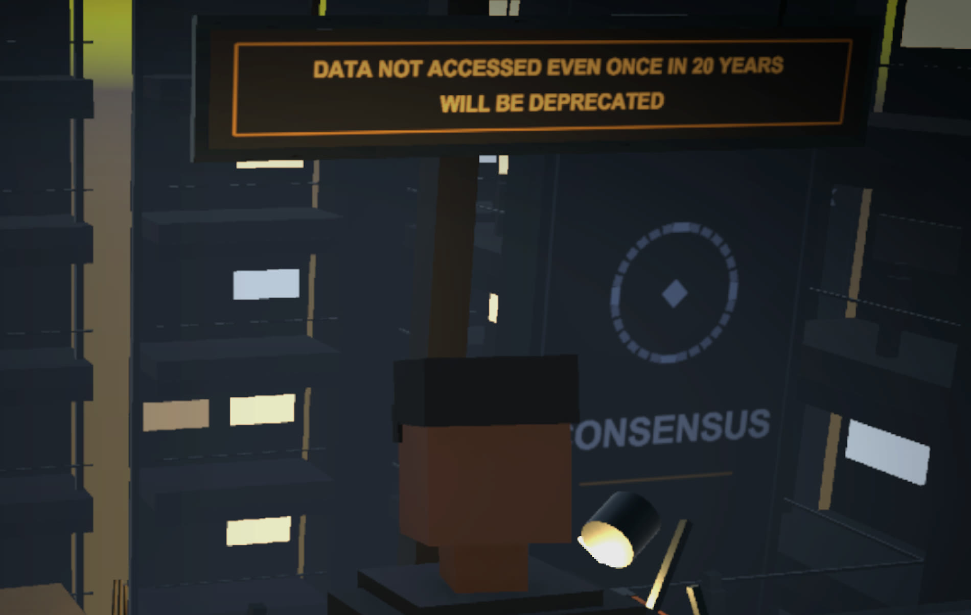 A clerk at his desk on sub-level eleven, beneath a sign reading DATA NOT ACCESSED EVEN ONCE IN 20 YEARS WILL BE DEPRECATED