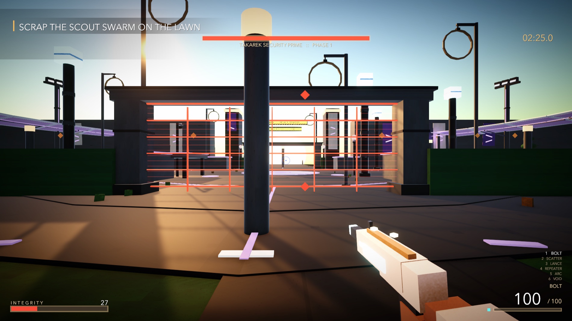 A first-person view across the grounds of Takarek at sunset, machines circling over the lawn